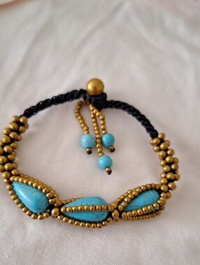 Handcrafted Turquoise Bead & Gold Bracelet - Women's Jewelry